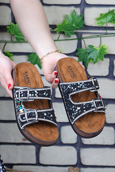 Vojo Guca Orthopedic Natural Stone Double Buckle Sea Pool Beach Daily Γυναικείες Παντόφλες Μαύρες