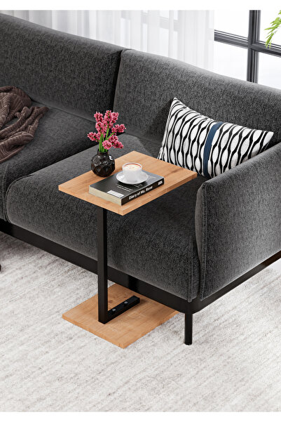 mebars Metal Ayaklı C Sehpa Yan Sehpa Koltuk Sehpası Zigon Sehpa - Meşe