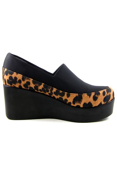 Erkan Saçmacı Sofia Black Leopard Stretch Round Toe Wedge Heeled Casual Shoes