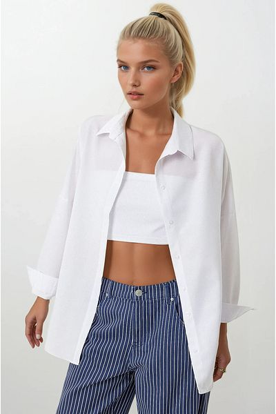 hazelin Cămașă de bază lungă oversize albă de damă Hzl22w-bd139001