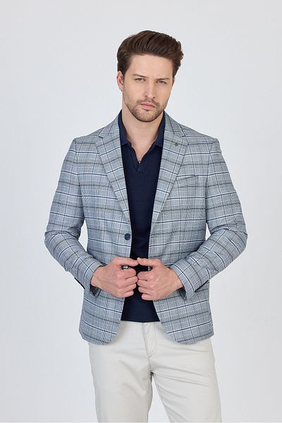 Frappoli Maregas Men's Light Navy-Grey Cotton Plaid Slim Fit Mono Collar Sports Blazer Jacket