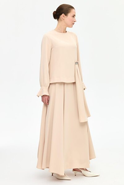 Esswaap Belde Şal Ve Taş Detaylı Etekli Takım Bej