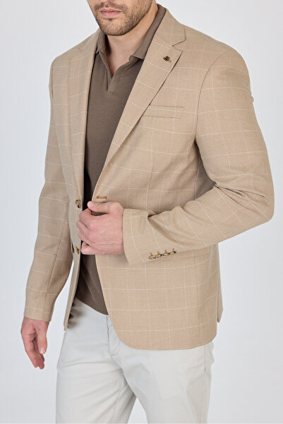 Frappoli Gerardo Erkek Camel Ekose Dokulu Poliviskon Kumaş Dar Kesim Slim Fit Spor Blazer Ceket