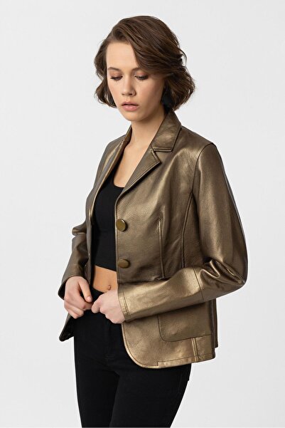 Deriderim Gold Bloom Blazer Kadın Hakiki Deri Ceket