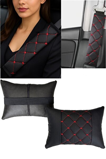 AYAZGRUP 2'Li Emniyet Kemer Pedi&2'Li Oto Boyun Yastığı Nokta Desenli Deri Kı...