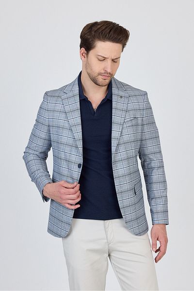 Frappoli Maregas Men's Light Navy-Grey Cotton Plaid Slim Fit Mono Collar Sports Blazer Jacket