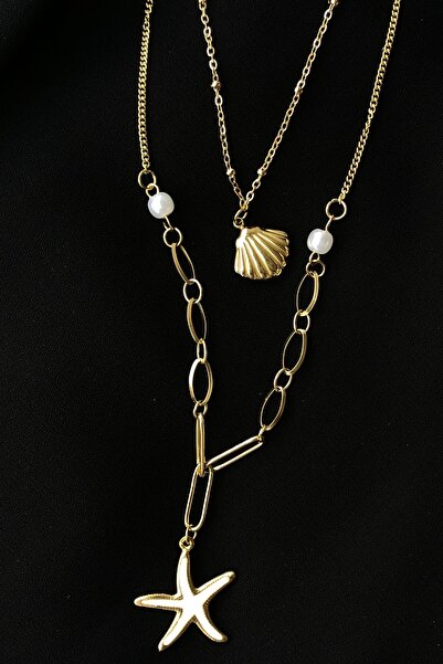 Bonicce 2-Piece Women's Steel Necklace with Starfish and Oyster Motif Stainless Steel