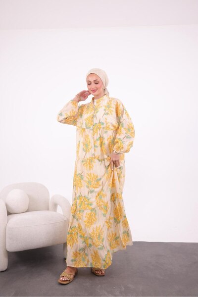 Yasmy Collection Kadın Sarı Mimoza Çiçeği Desenli Modal Kumaş Tesettür Elbise YS-NS496911