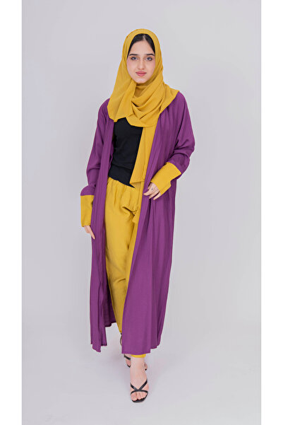 outline Elegant summer purple abaya with pants and a kimoni scarf