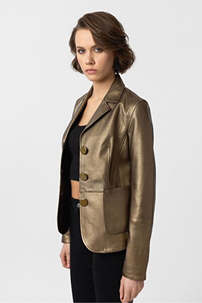 Deriderim Gold Bloom Blazer Kadın Hakiki Deri Ceket