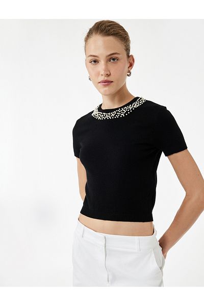 Koton Pulover din tricot cu mânecă scurtă, amestec de viscoză, cu detalii de mărgele