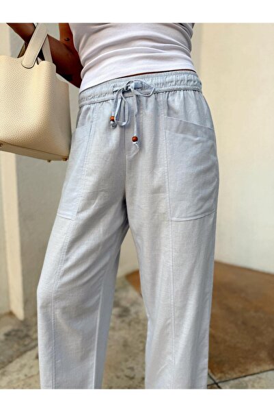 Maldia Shop Women's Elastic Waist Aegean Baby Blue Oversize Linen Trousers