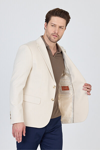 Frappoli 3115 Erkek Açık Bej Esnek Likralı Pamuk Karışımlı Slim Fit İlkbahar-Yaz Spor Blazer Ceket