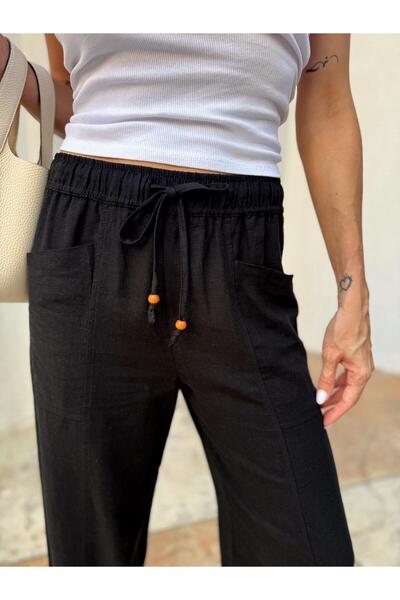 Maldia Shop Women's Elastic Waist Aegean Black Oversize Linen Trousers