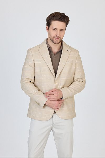 Frappoli Mendey Men's Beige Plaid Linen Look Slim Fit Sports Blazer Jacket