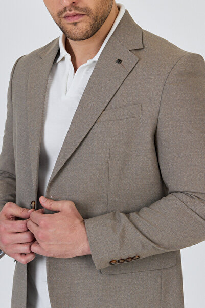 Frappoli Tadic Men's Beige Patterned Stretching Fabric Slim Fit Cover Pocket Half Lining 4 Season Blazer Jacket