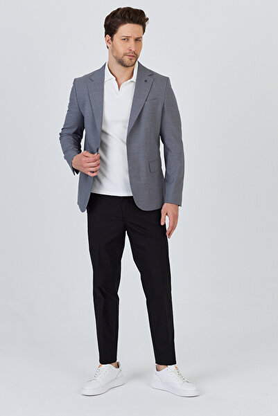 Frappoli Tadic Erkek Gri Desenli Esneyen Kumaş Slim Fit Kapak Cepli Yarım Astar 4 Mevsim Blazer Ceket