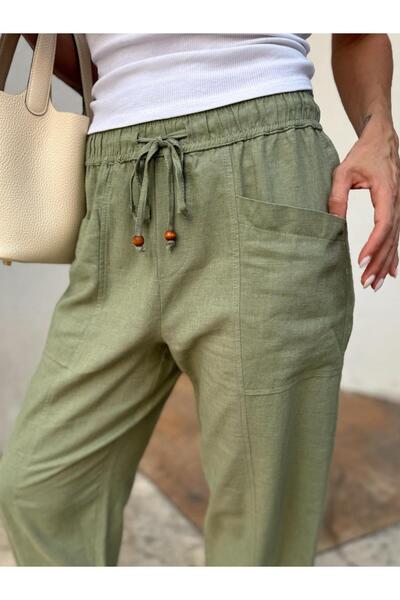 Maldia Shop Women's Elastic Waist Aegean Khaki Oversize Linen Trousers