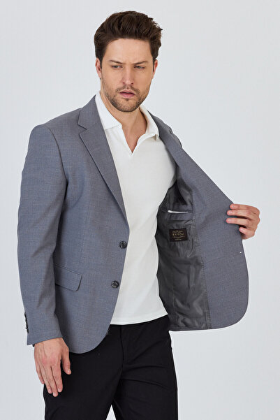 Frappoli Tadic Erkek Gri Desenli Esneyen Kumaş Slim Fit Kapak Cepli Yarım Astar 4 Mevsim Blazer Ceket