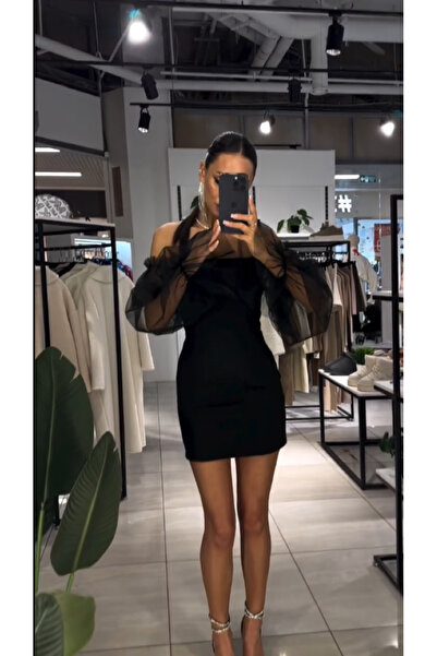 OLSAMODA KADIN STRAPLEZ YAKA KOLLARI TÜL GARNİLİ ESNEK KUMAŞ DAVET ELBİSESİ