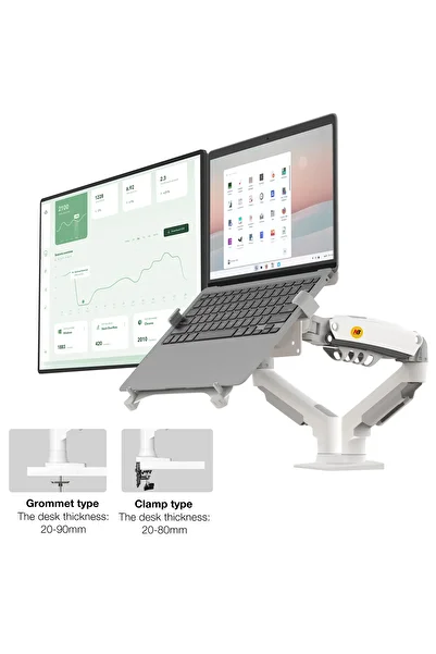 Nb North Bayou NB F160-FP White Laptop Stand for 10-17" Laptops and 17-30" Monitors up to 9 kg, Movable Arm, Adjustable Tray