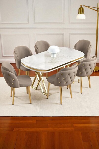 Kaktüs Avm 6'lı Mutfak Sandalyesi Salon Sandalyesi Gold Düğme Gold Konik Ayak...