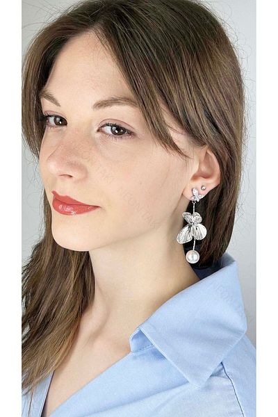Neon Takı by Atalay Steel Flower Earrings with Sensitivity Tag and Pearl Dangle, 640, Silver Color