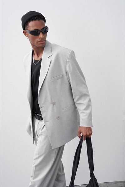İLKCET MODA Oversize Light Gray Double Breasted Suit