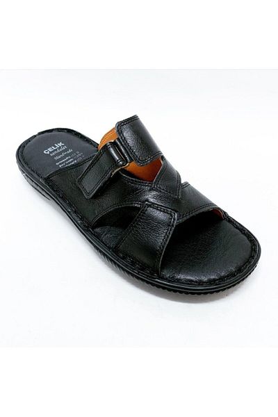 Çelik Men's Black Genuine Leather Slippers