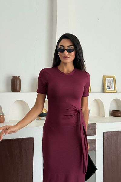 lumuteks Women's Burgundy Side Tie Slit Dress