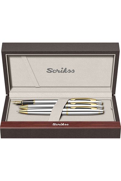Scrikss 35 Fountain Pen + Ballpen + Versatile Triple Set Gold Chrome (Lifetime Warranty-Luxury Box)