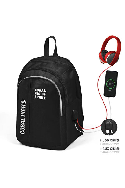 Coral High Unisex Sport Siyah Beş Bölmeli Usb Şarjlı Kulaklık Çıkışlı Sırt Çantası 23241