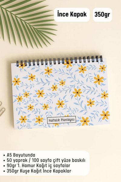 Eldesen Tasarım Weekly Planner A5 Notebook with Flexible Thin Cardboard Cover, 1 Year Planner, Yellow Daisy