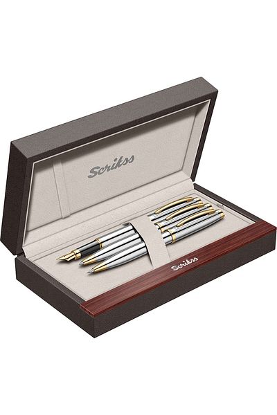 Scrikss 39 Fountain Pen + Ballpen + Versatile Triple Set Gold Chrome (Lifetime Warranty-Luxury Box)