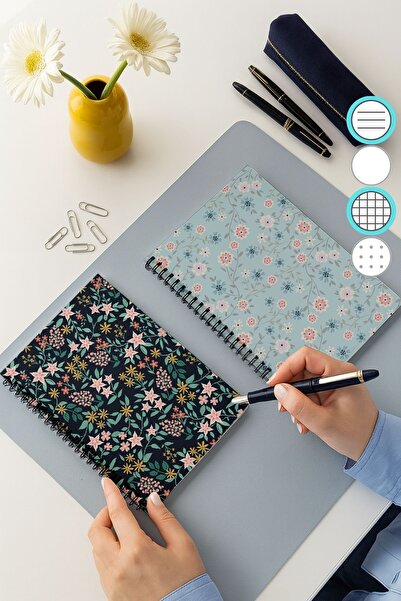 Eldesen Tasarım Kareli ve Çizgili Defter Seti, A5 Boyutunda 50 Yaprak 100 Sayfa 2'li Set, Karışık Çiçekli
