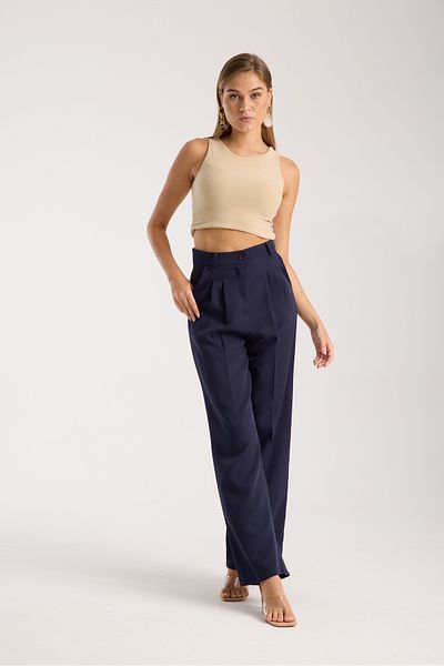 LAND MODA Navy Blue Women's Pleated Fabric High Waist Palazzo Pants