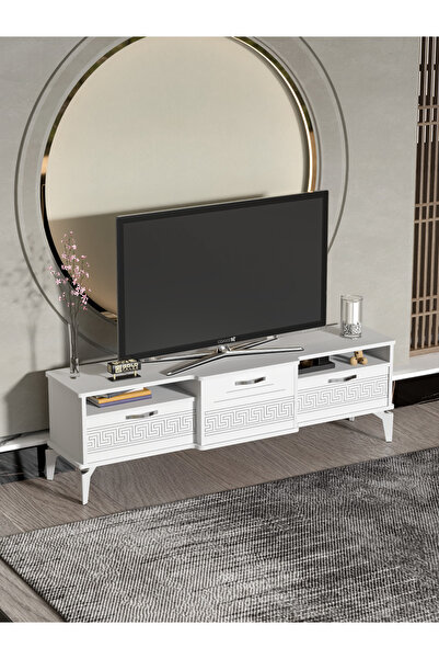 GOLDFALEZ Tv Sehpası Tv Ünitesi 160 Cm Gümüş Beyaz Mistral 5073