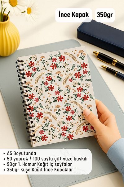Eldesen Tasarım Checkered and Striped Notebook Set, A5 Size 50 Sheets 100 Pages Set of 2, with Cat