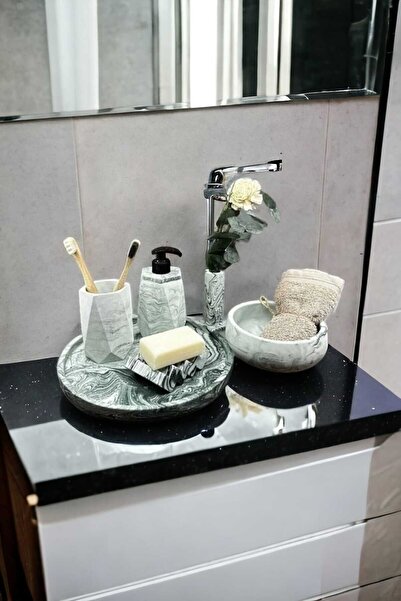 Trust Stone 6'lı Mermer Desenli Yeşil Beton Banyo Seti Sıvı Sabunluk Diş Fırç...