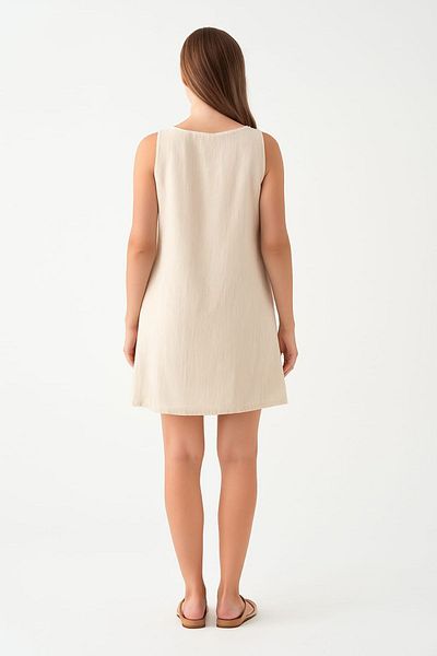 enmodaiçgiyim Rochie scurtă de damă din țesătură muselină din bumbac 100% culoare ecru cu buzunare – rochie casual confortabilă de vară