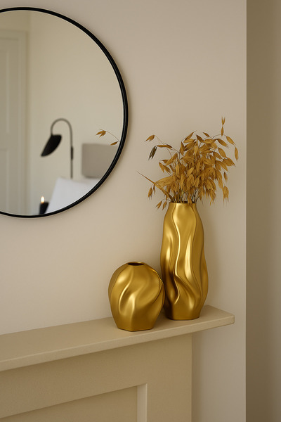 Lui Tasarım Set de 2 vaze din ceramică de culoare aurie, model ondulat, elegant boem