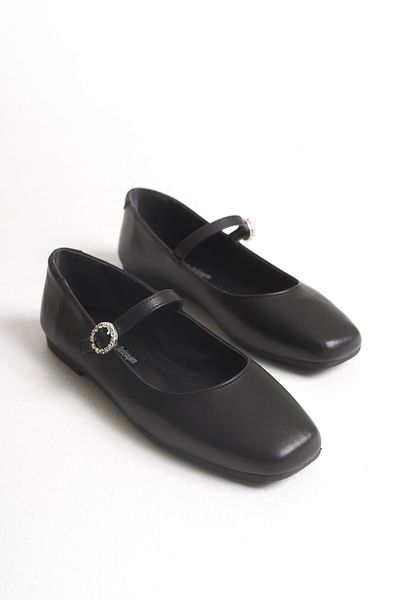 Ayakkabı Delisiyim Karen Black Leather Stone Buckle Square Toe Comfortable Sole Women's Ballerina Shoes