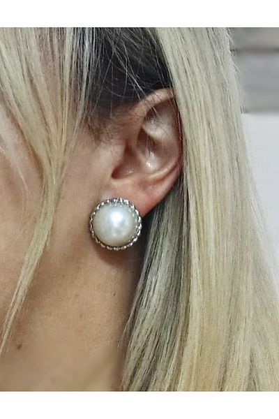 mos&more Silver Vintage Pearl Women's Earrings, Diameter: 2cm