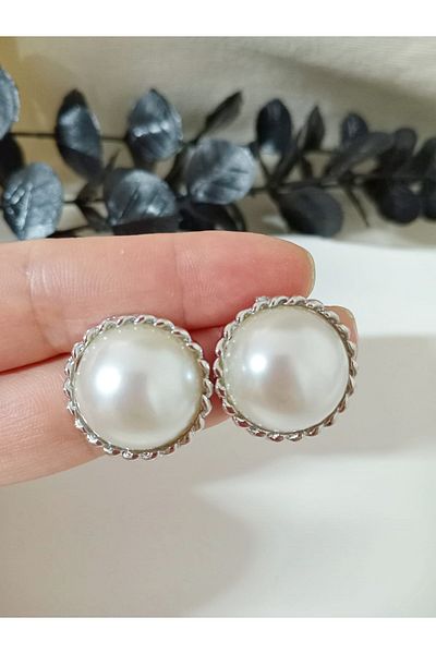 mos&more Silver Vintage Pearl Women's Earrings, Diameter: 2cm
