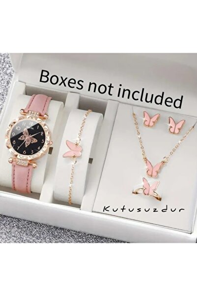 S.D.R 6 Parça Şık Kuvars Kadın Saati Yüzük Bileklik Küpe Kolye Seti (kutusuz )