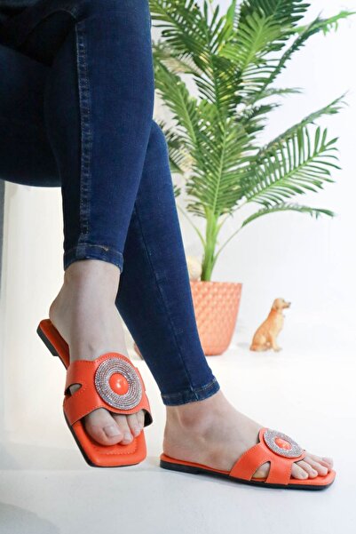 Moda Anna Flat Bottom Brooch Silicone Stone Women's Summer Slippers Nw Orange