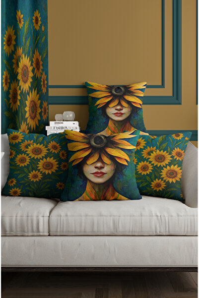 ALAMODECOR Papatya, model pentru femei, galben, verde, set de cu imprimeu huse de pernă cu două fețe, digital, cu 4 piese