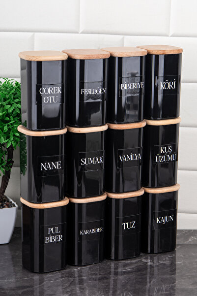 DNS HOME 250 ml Vacuumed Bamboo - Black Acrylic Spice Bowl Set with 12 Labels as a Gift