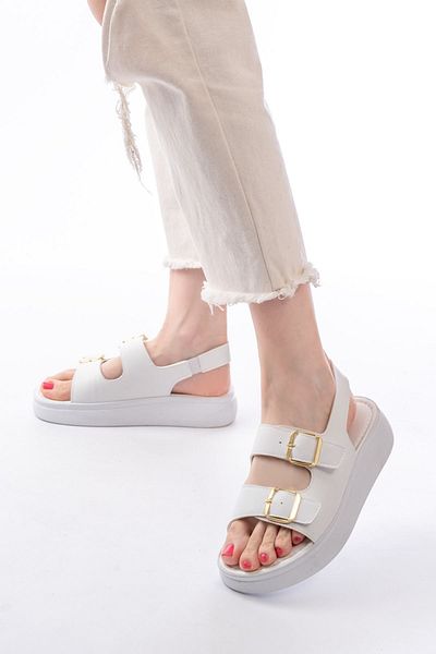 serkanseyyid 24413-572 White Daily Wedge Heel Women's Sandals with Buckle Accessories