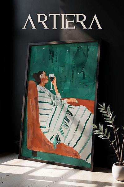 HİGUERA Pictură de perete cu cadru din lemn uman abstract înclinat cu dungi albe pe fundal verde
